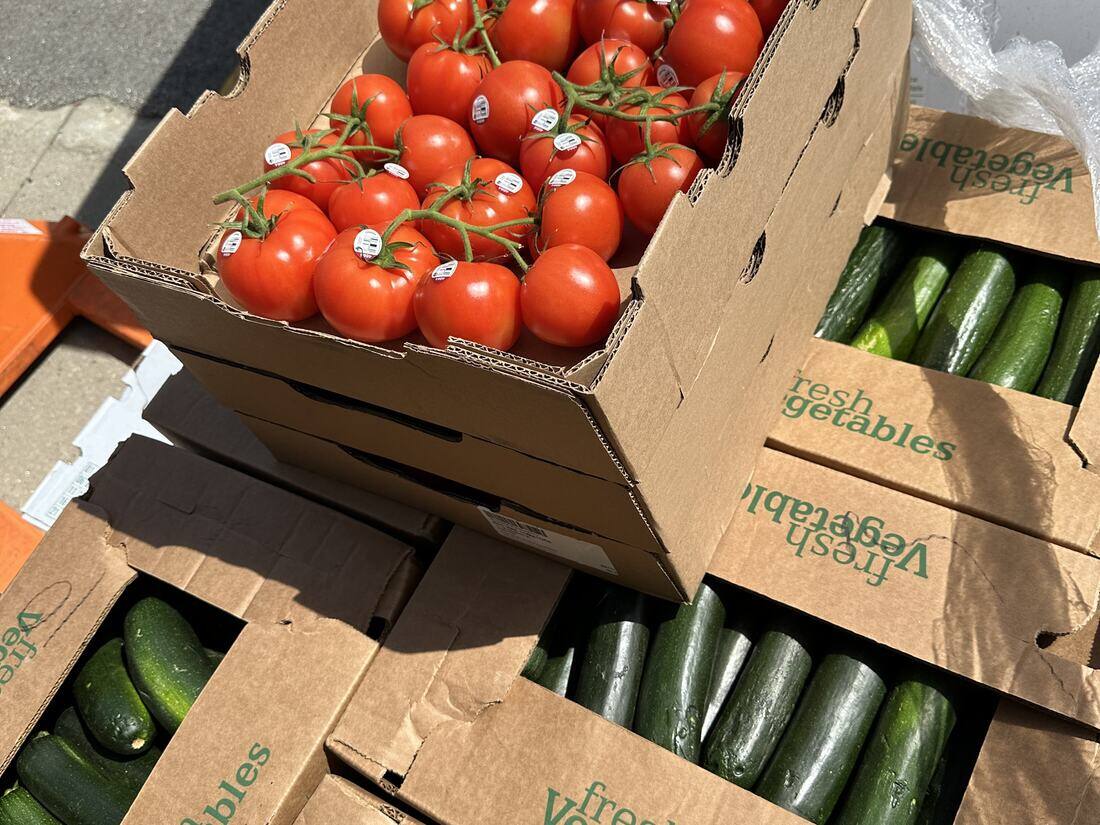 Crates of produce staged for a market