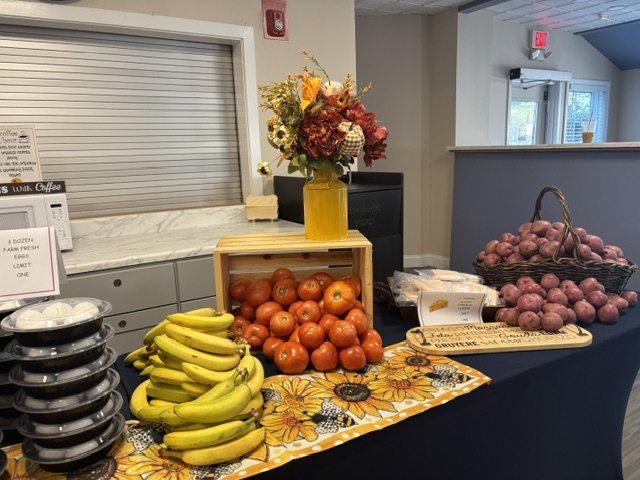 Bananas, tomatoes and potatoes laid out for residents